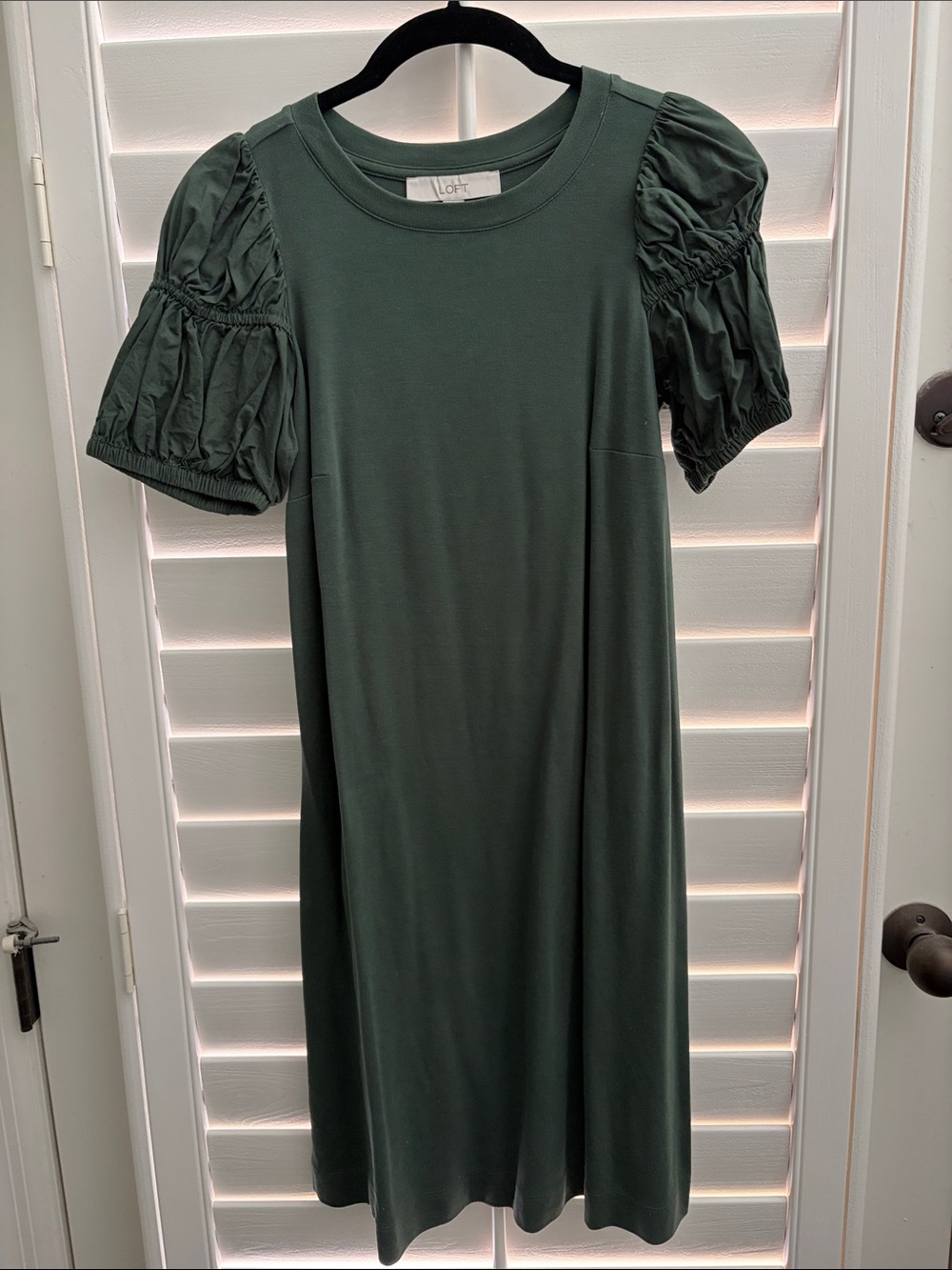 LOFT Dark Green Puff Sleeve Midi Dress